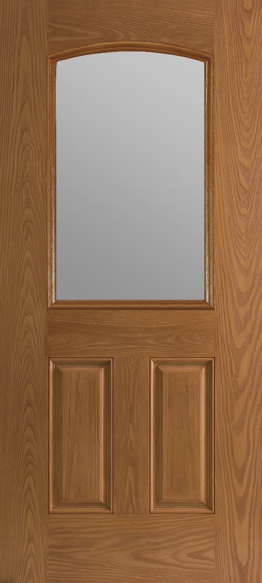 Oak textured fiberglass insulated exterior door with 2 panel half lite cambertop